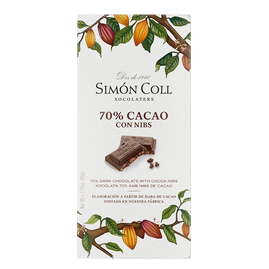 Simon Coll 70% Cacao Con Nibs 85g 1 Simon Coll 70% Cacao Con Nibs 85g